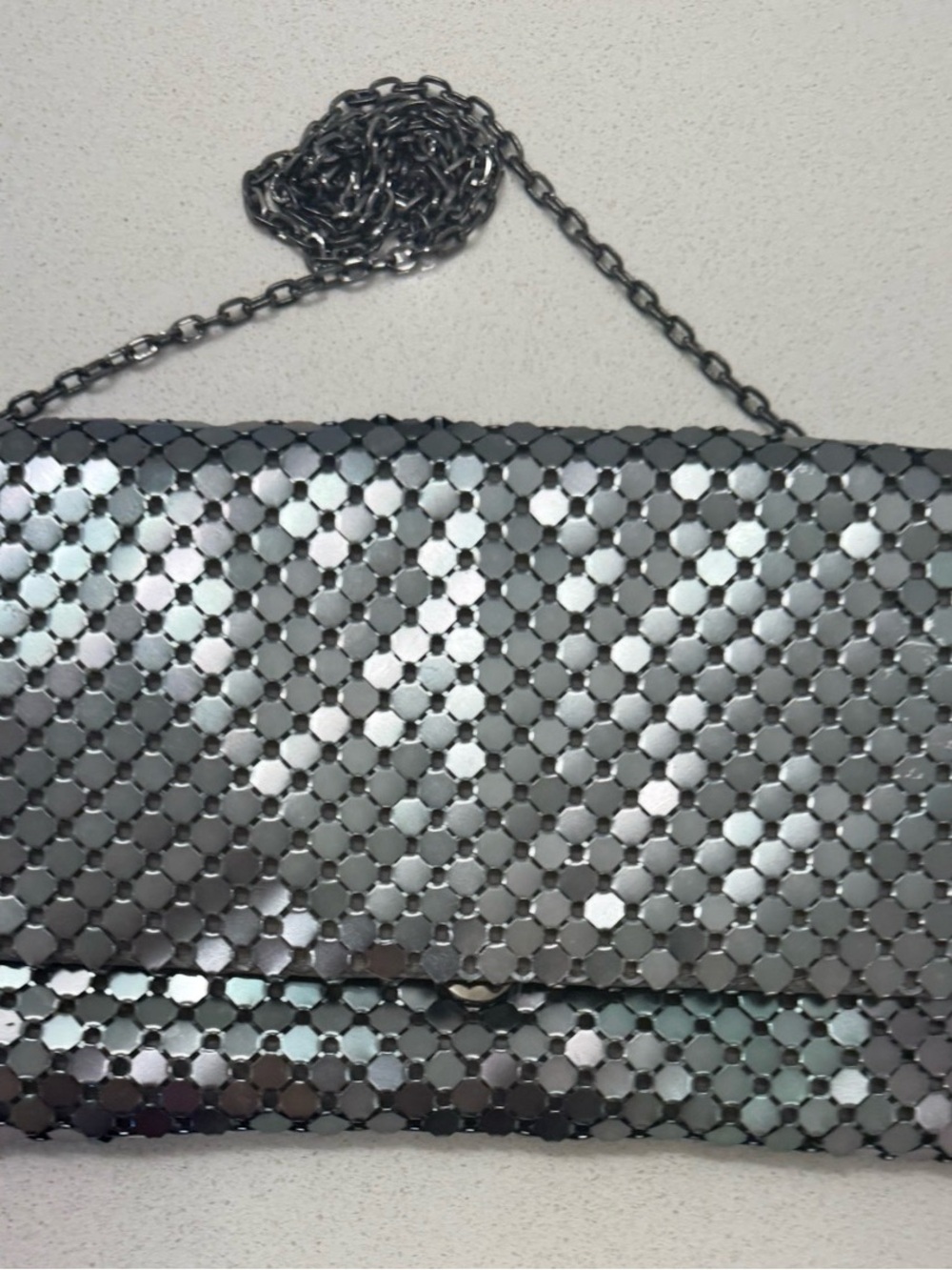 Silver Sequin Chain-Shoulder Evening Bag
